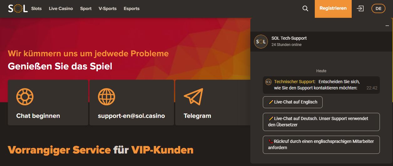 Sol Casino Support per Live-Chat oder Telegram erreichen