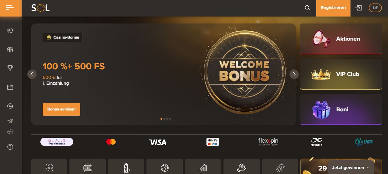 Willkommensbonus bis 600 Euro bei Sol Casino einlösen